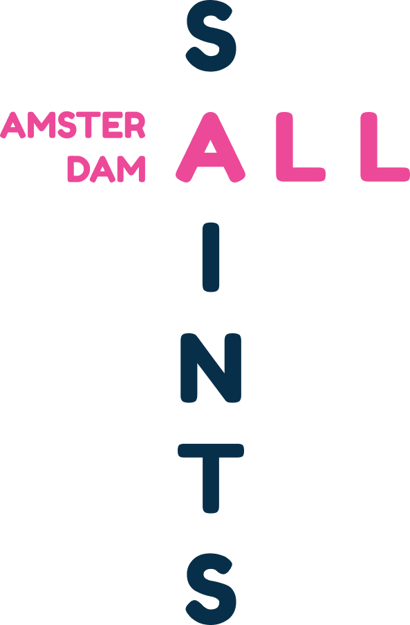 All Saints Amsterdam written in cross form in black and pink letters