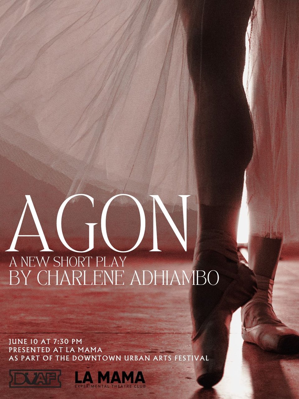 AGON by Charlene Adhiambo key art. A close-up on a ballet dancer pointing their foot.