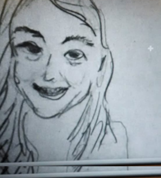 a not-very-good drawing in pencil of Rachael, a smiling woman