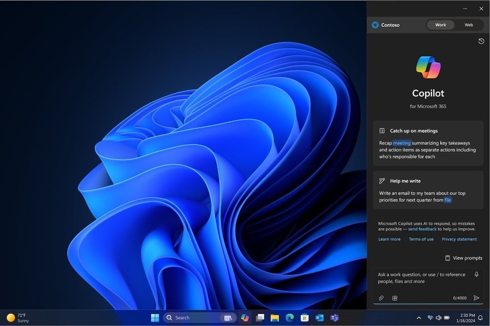 Copilot for Microsoft 365 adds a toggle between 'Work' and 'Web' to the desktop sidebar