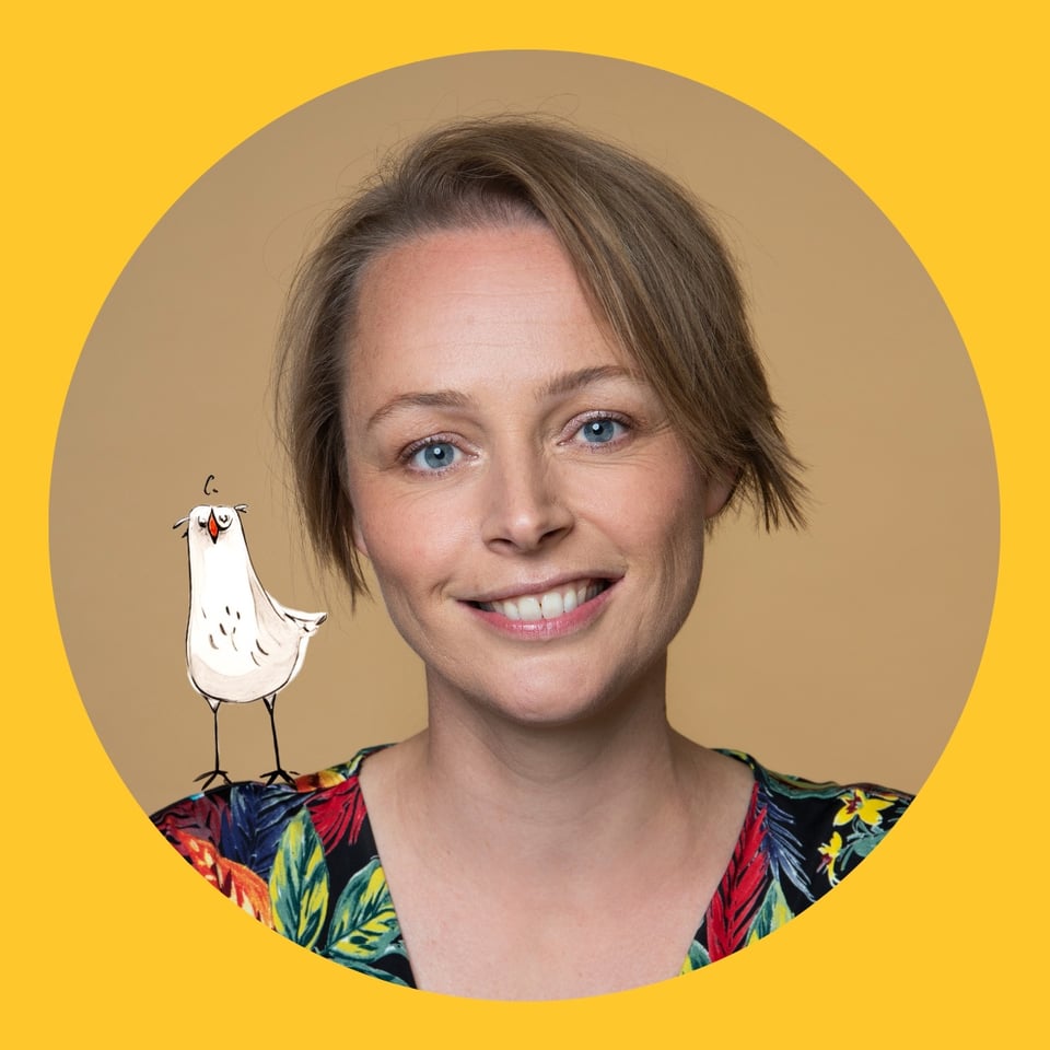 a yellow background with a circle that shows a blond woman with a drawn bird on her shoulder