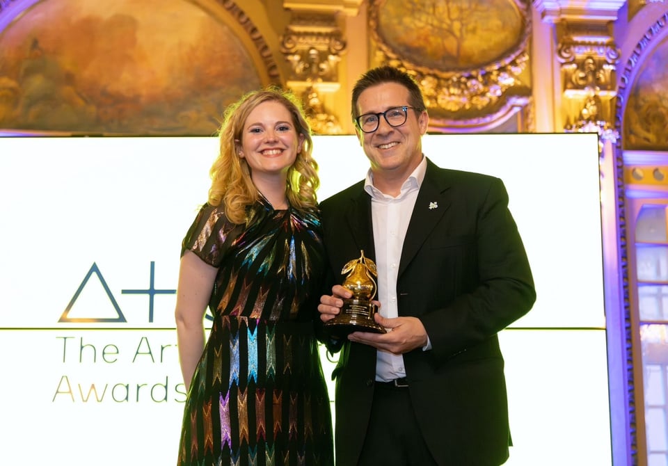Sofia Ehrich and Bernardo Fleming accepting an Art and Olfaction Award on behalf of Odeuropa
