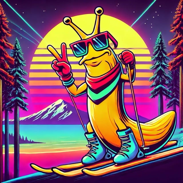 A banana slug on skis holding up the peace sign