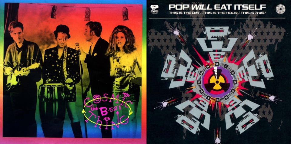 First pic: A photograph of the B-52's, tinted with a rainbow of colors, red to yellow to green to blue. They are arranged from left to right, in performance. First is Keith Strickland, a young white man with longish New Wavey hair, playing guitar and smiling. Second is Cindy Wilson, a young white woman wearing a bowler-shaped hat and a very long braid going down her shoulder to her waist. She wears a sparkly coat and is playing a bongo and singing. Third is Fred Schneider, a young white man with short hair, in a suit and tie, holding a microphone in a stand, and facing Cindy, singing to her. Last but not least is Kate Pierson, who has very big red hair that frames her face like a circle. She is wearing a shimmering dress and is singing into a microphone on a stand, and is facing (a presumed) audience. Second pic: I'll do my best with this one. So, the background is black save for the silhouette of the continents of the world, which are filled with black stars. In front of that, in a circle in the middle, is the nuclear radiation sign. The numbers 1 through 12 are around it, forming a clock, and by a white wedge in the circle, it looks like it's a few minutes to midnight. Emerging from the circle, and arranged around it, are five blue grey robots. These robots are formed using the letters P, W, E, I, arranged one on top of the other, so that the P is the head, the W is the body, the E are the legs, and the I are the feet. Finally, in between each pair of robots is a small pink silhouette of a sattelite, also emerging from the circle.