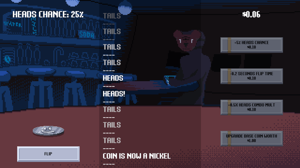 A fancier image of the same game. There's actual pixel art, along with a very basic shop for coin upgrades.