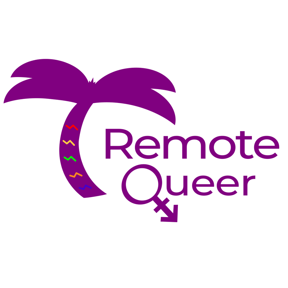 A drawing of a purple palm tree with rainbow stripes in its bark. The text says "Remote Queer." The Q is shaped like a gender symbol.