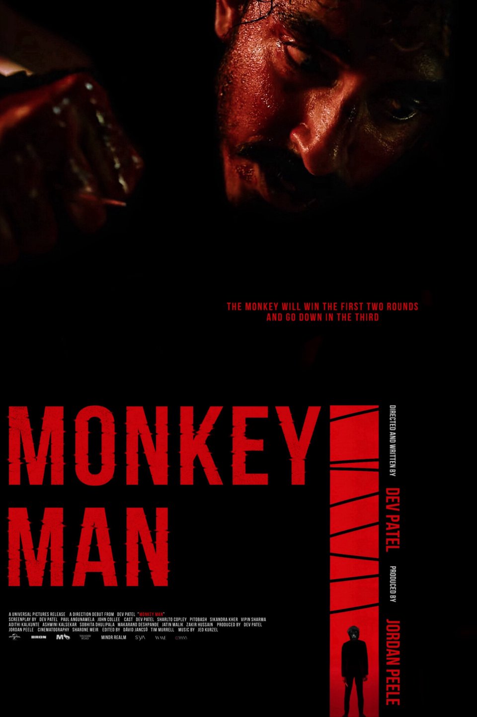 Movie poster for the movie Monkey Man, with Dev Patel's face depicted in shadow in the top half of the image, and the title Monkey Man below in red letters against a black background