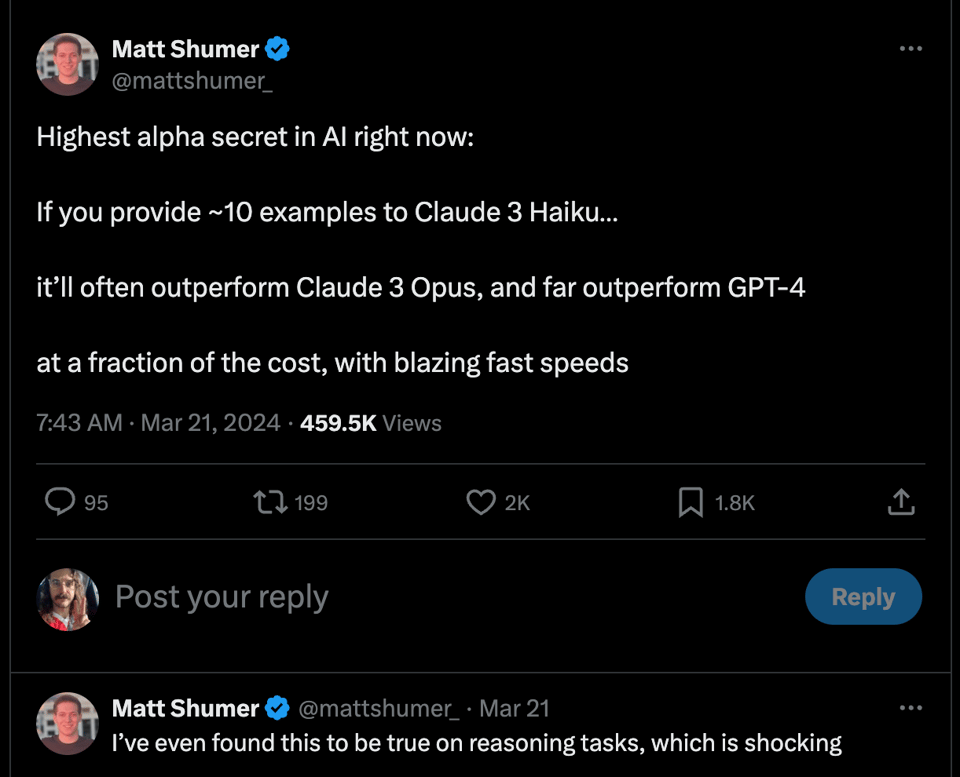 a tweet about training Haiku with examples