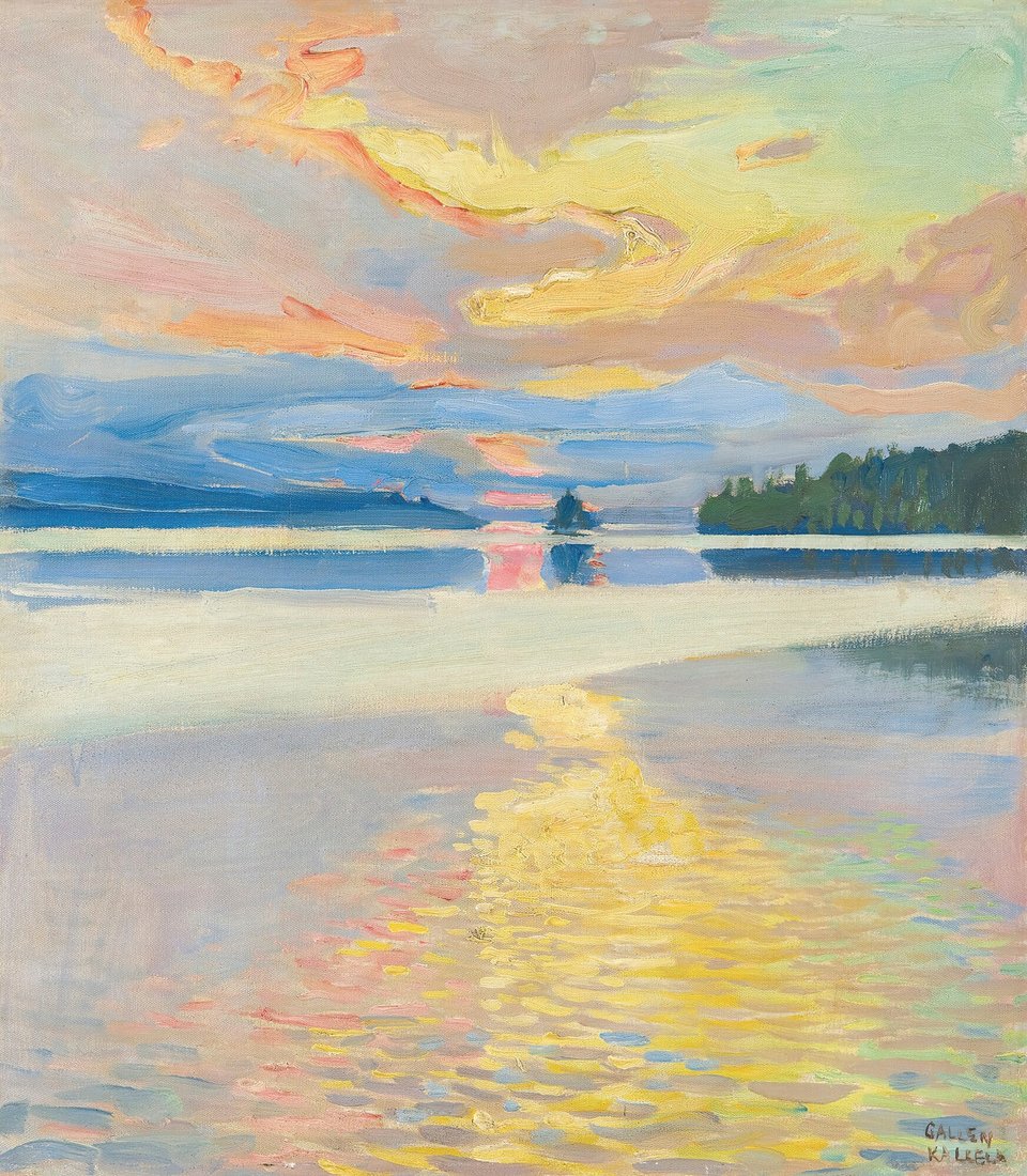 Yellow sun setting over a blue lake with green pines on the right side
