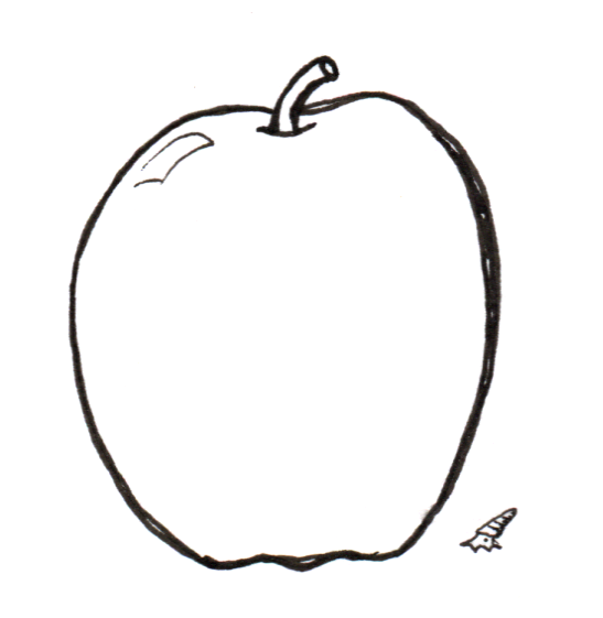 Simple ink drawing of an apple with an extremely tiny shelled cephalopod beside it.