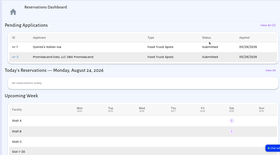 Reservation Management Dashboard showing pending applications, today's reservations, and a summary of the upcoming week