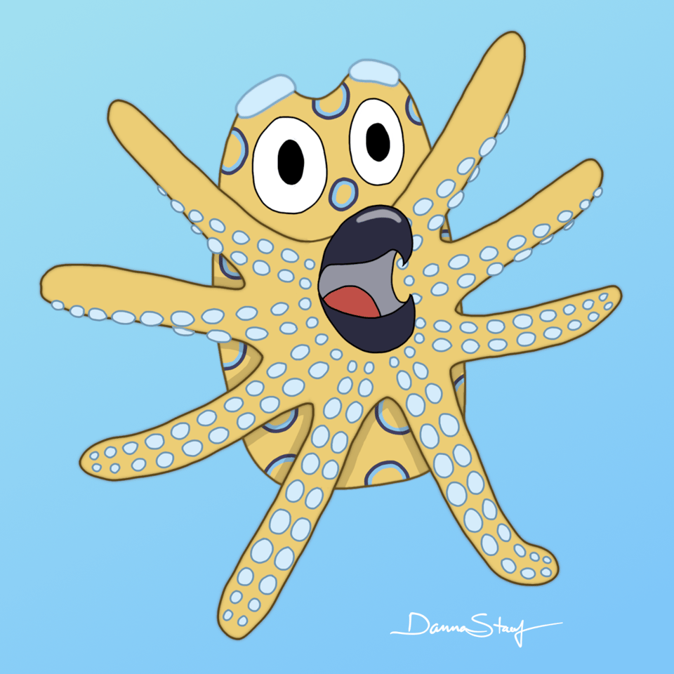 A cartoon blue-ringed octopus drawn in the style of the animated show Bluey, using the same color palette.