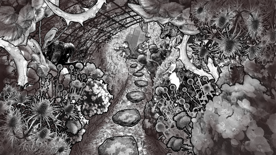 A screenshot of a visual novel background. Black-and-white photography and hand-drawn ink illustrations have been collaged together to create an elaborate garden pathway.