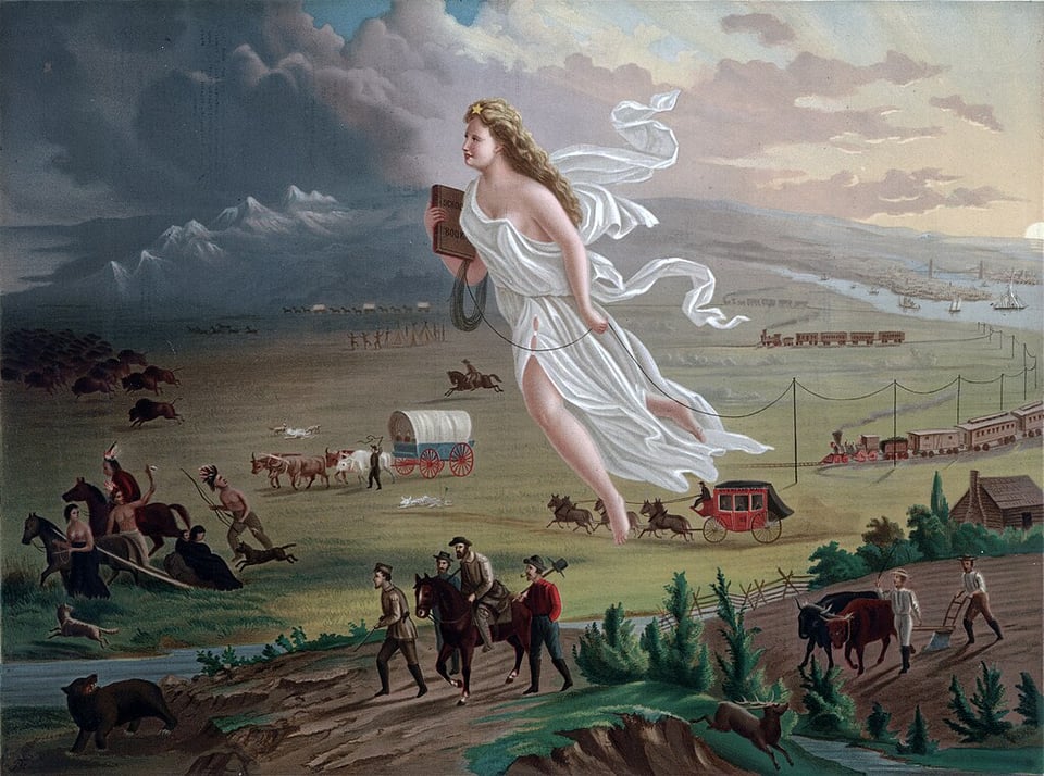 A painting, American Progress by John Gast. It depicts a giant white woman in white flowing robes, holding a book, walking across the plain. In front of her: dark clouds, fleeing animals and indigenous people, behind her: trains, telephone lines, men with carriages.