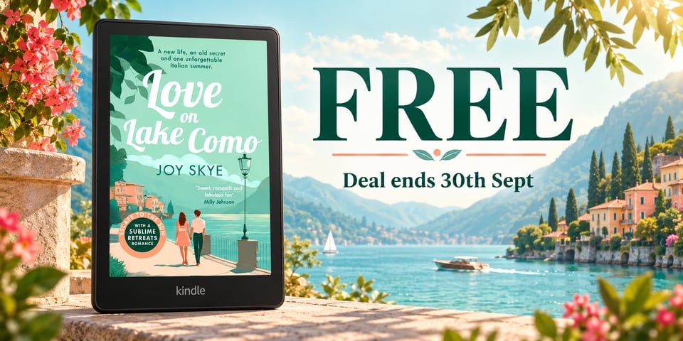 The book cover for Joy Sky's Love on Lake Como romance novel, set against a beautiful backdrop of the ocean and a small Italian town.