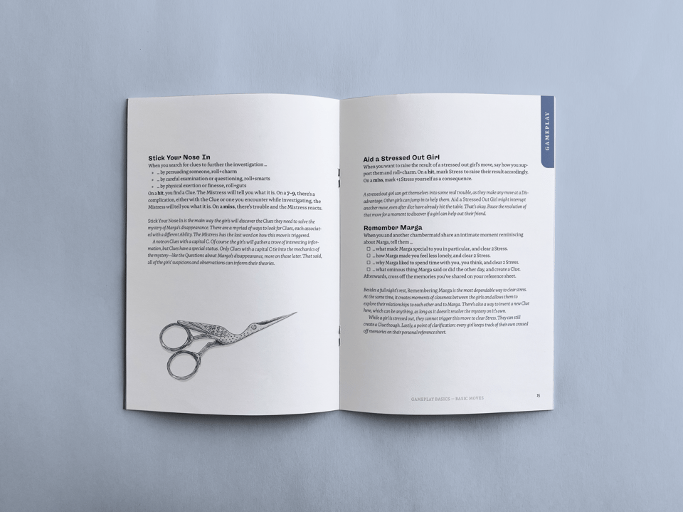 A digital mock up of a zine, showing a spread detailing several moves and a nice piece of spot art: a pencil drawing of a pair of sewing scissors in the shape of a stork.