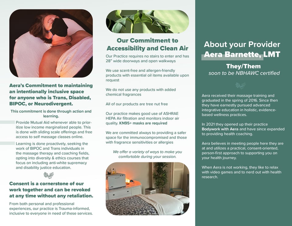 This is the other side of the tri fold brochure. It talks bout my commitment to maintaining an intentionally inclusive space, consent, about me and my education, and our commitment to clean air and accessibility.