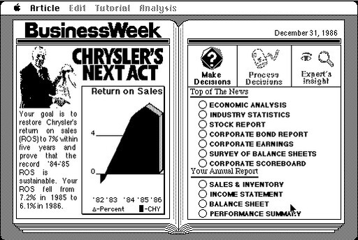 A screenshot of BusinessWeek's black-and-white game Business Advantage. It looks like an open book, with some information on the left side of the book and and some options to taking action on the right side.