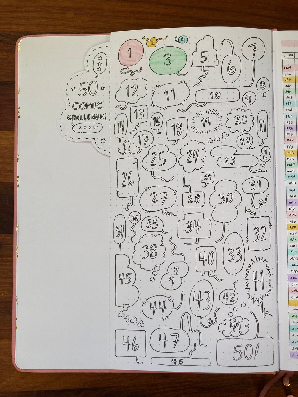 A page from Jessi's Comics Reading Journal showing 50 speech bubbles drawn out and labeled to the left of the page as "50 Comics Challenge! 2024!" Four of the bubbles have been colored in with bright colors to indicate that four comics have been completed.
