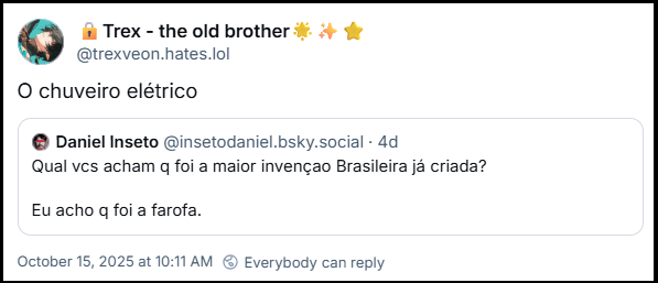 Post de 🔒Trex - the old brother🌟✨⭐ (‪@trexveon.hates.lol‬) citando o post do Daniel e dizendo: O chuveiro elétrico