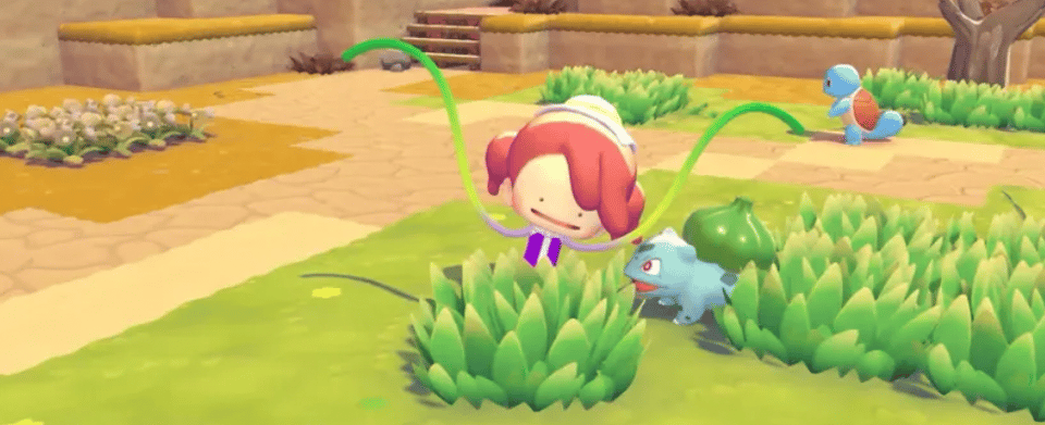 A screenshot from Pokopia. The players character has vine arms and is being cheered on by a bulbasaur.