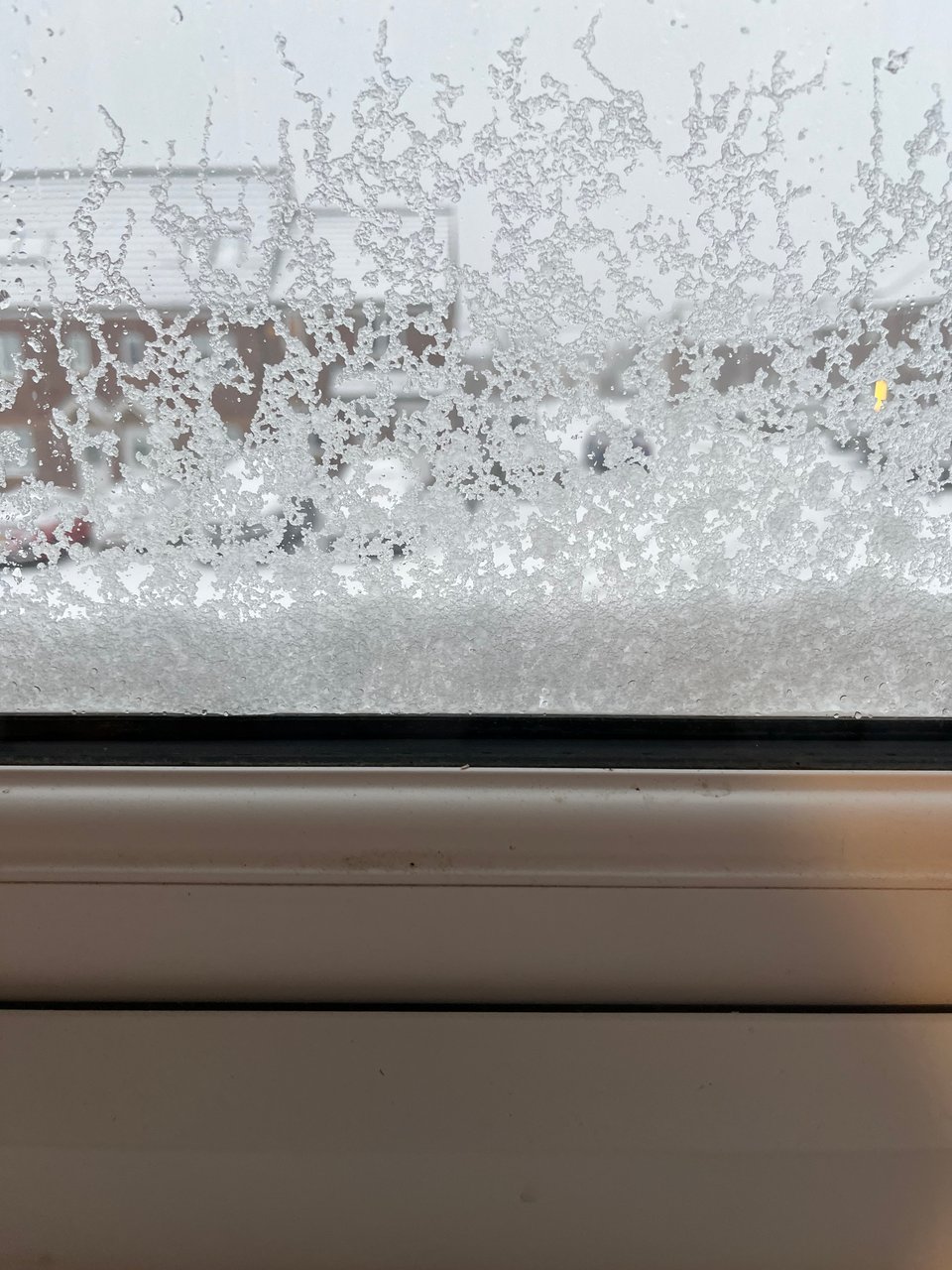 A window pane obscured by small accumulations of falling snow. Dimly seen rooftops in the background