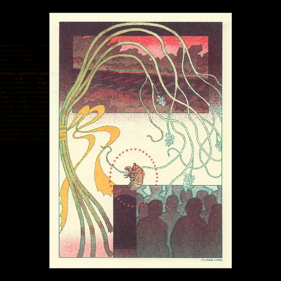 a riso print with a collection of images: a molted cicada shell and a bundle of plant stalks trailing off into tendrils & tied by a yellow ribbon over panels of train tracks surrounded by grass & trees under a reddish sky; the dark entrance to a tunnel; a shadowy crowd.