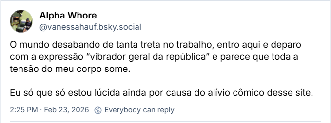 Post de Alpha Whore (@vanessahauf.bsky.social) com o texto: O mundo desabando de tanta treta no trabalho, entro aqui e deparo com a expressão “vibrador geral da república” e parece que toda a tensão do meu corpo some. Eu só que só estou lúcida ainda por causa do alívio cômico desse site.
