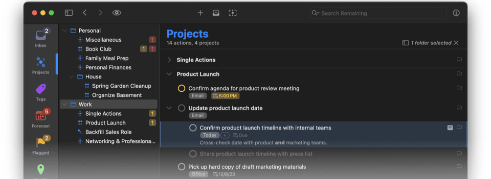 Screenshot of OmniFocus desktop app interface displaying a project
