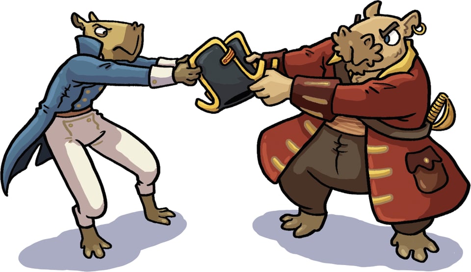 Spruce and Slapdash fighting over the coveted First Mate's hat, as usual.