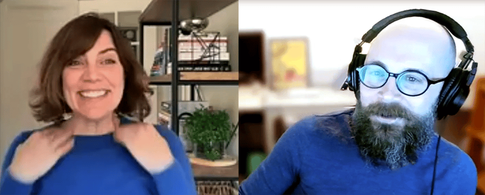 a split screen of two people (screenshot from a zoom call). Both are wearing blue sweaters and smiling.