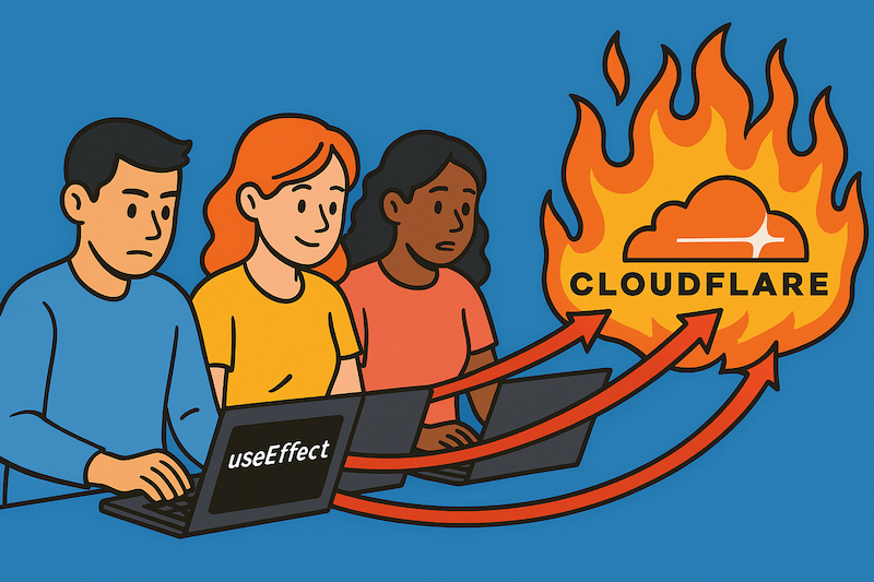 A cartoon-style illustration showing three users, each using a laptop with the word <code>useEffect</code> displayed on their screens. Red arrows emerge from each laptop, pointing toward a flaming Cloudflare logo on the right side, symbolizing an unintentional overload or DDoS. The background is a solid blue, and the illustration uses flat, vivid colors with bold outlines.