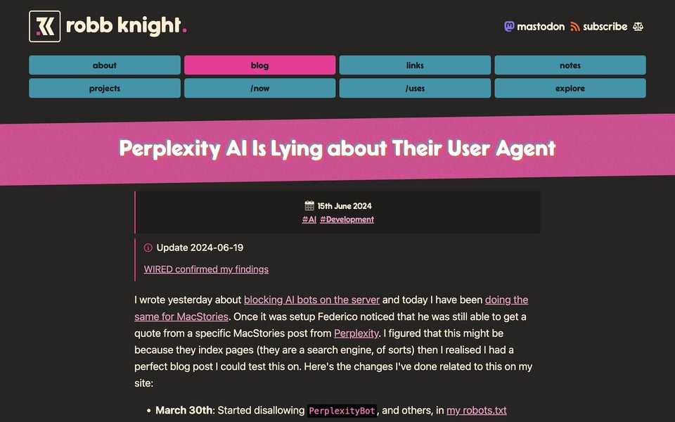 A blog post with the title Perplexity AI is Lying about Their User Agent