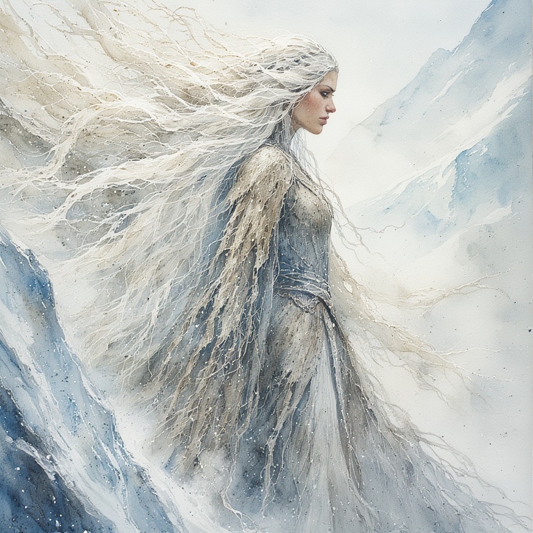 An AI-generated watercolor image of a tall, elegant giantess with long flowing silver hair and layers of tattered robes. She emerges from a snowy mountainside.