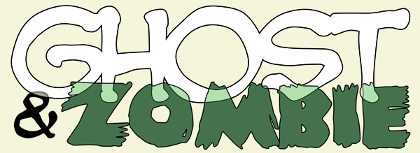 LOGO "Ghost & Zombie" on a beige background. "Ghost" is in a semi-transparent spooky font and "Zombie" is in a grizzly green font.