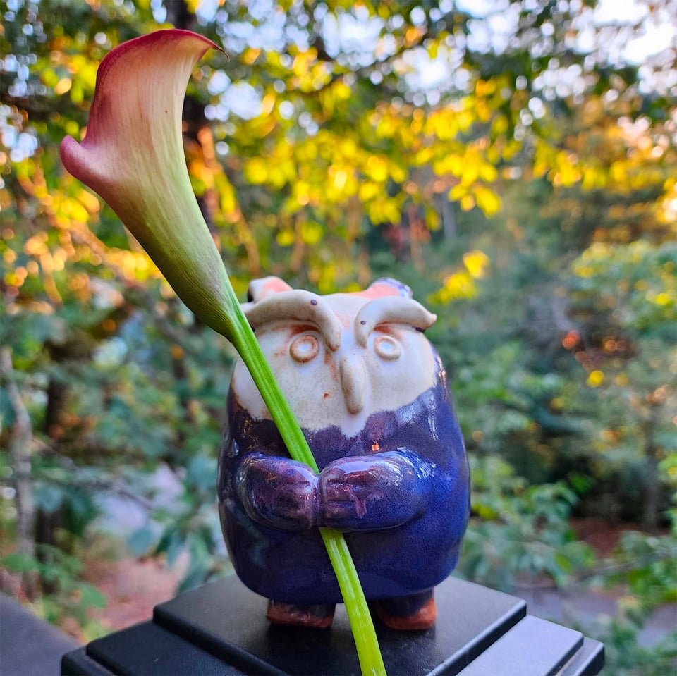 A round owl-like creature with four legs and horns, glazed in purple and white, holds a single flower in its adorable paws.