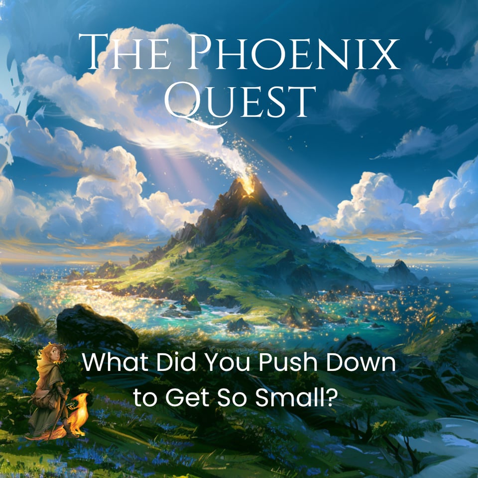 An island volcano in the sea erupts, sending sparks into the cloudy skies. The text read: The Phoenix Quest - What did you push down to get so small??