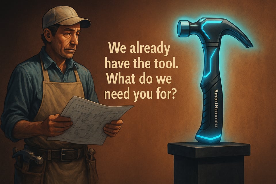 Carpenter looks sadly at his replacement, a SmartHammer, with the quote "We already have the tool. What do we need you for?"