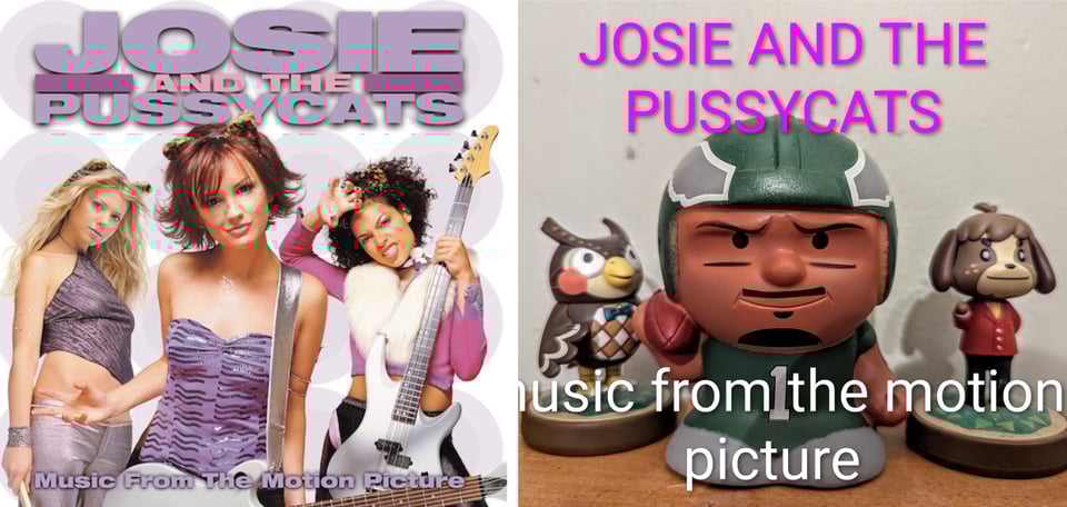 The cast of the film JOSIE AND THE PUSSYCATS, posing for the camera. On the far left is a white woman with long blond hair holding drumsticks. The middle woman has a guitar and makes a kind of "you wanna try me?" gesture with a confident smirk on her face. On the right is a Black woman holding a bass guitar in front of her body and making a cat claws gesture with a scowl. They all wear little cat ears on their heads.