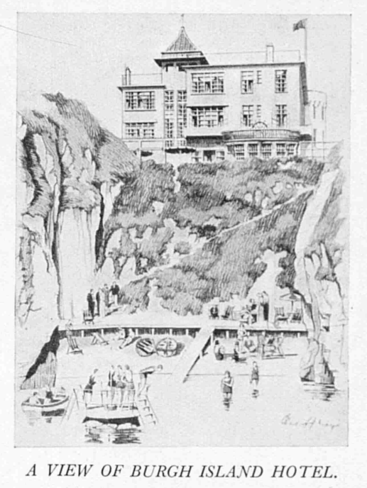 An illustration for a puff piece. It shows the hotel from the south, with the mermaid pool in the foreground. The hotel's south elevation can be seen and does not include the additional rooms. You can just about see the crenelations on the tower.