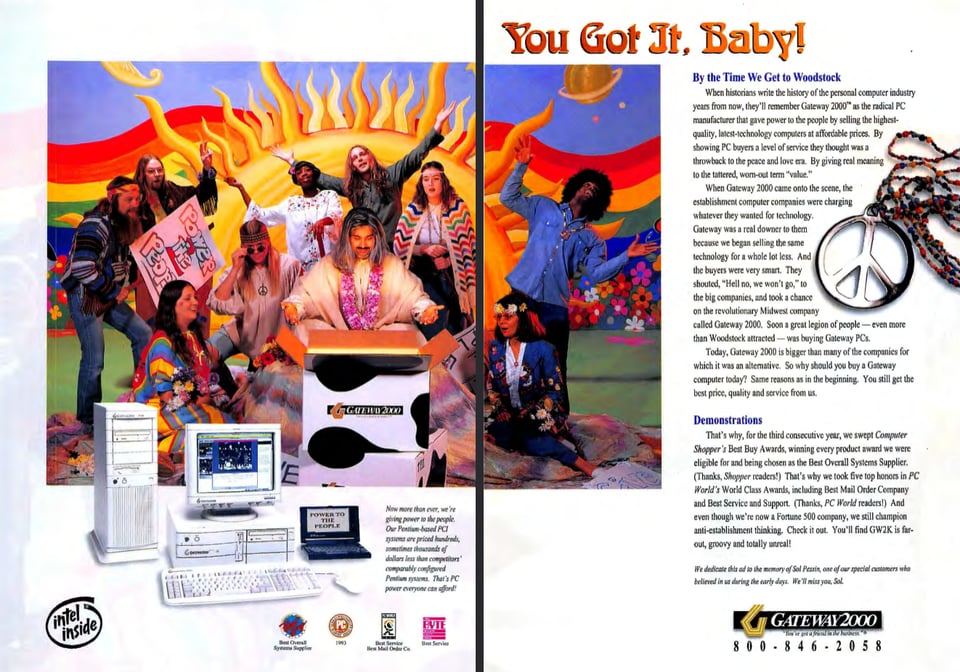 In the center of the advertisement is a psychedelic scene depicting a bunch of people dressed as hippies. They are surrounding and looking into a box that is glowing from inside.
