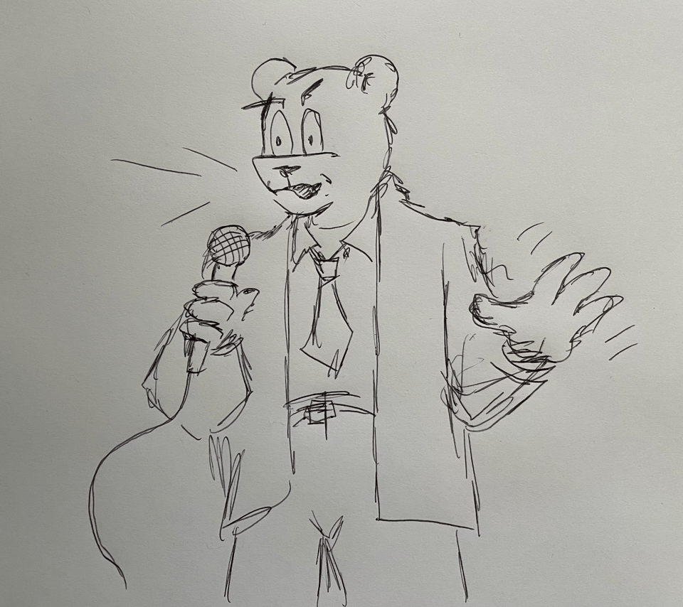 A cartoon bear holds a microphone and makes an odd hand gesture