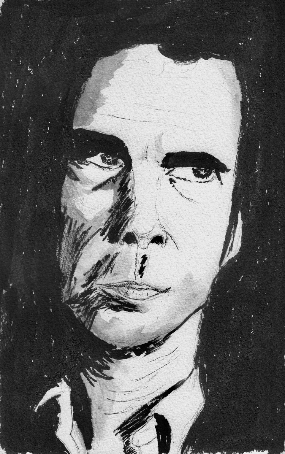 Pen/ink drawing of Nick Cave