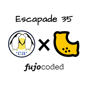 Escapade 35 x FujoCoded (Escapade logo of two penguins holding hands and kissing, and the FujoCoded logo of a lemon with a bite taken out of it)<br/>