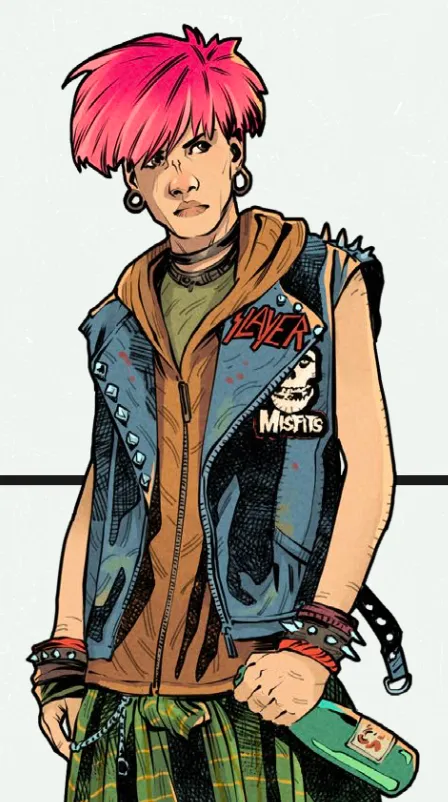 Androgynous looking, bright pink hair with a severe undercut, wooden ear stretchers in both ears, a mix between goth, punk, and metal clothing