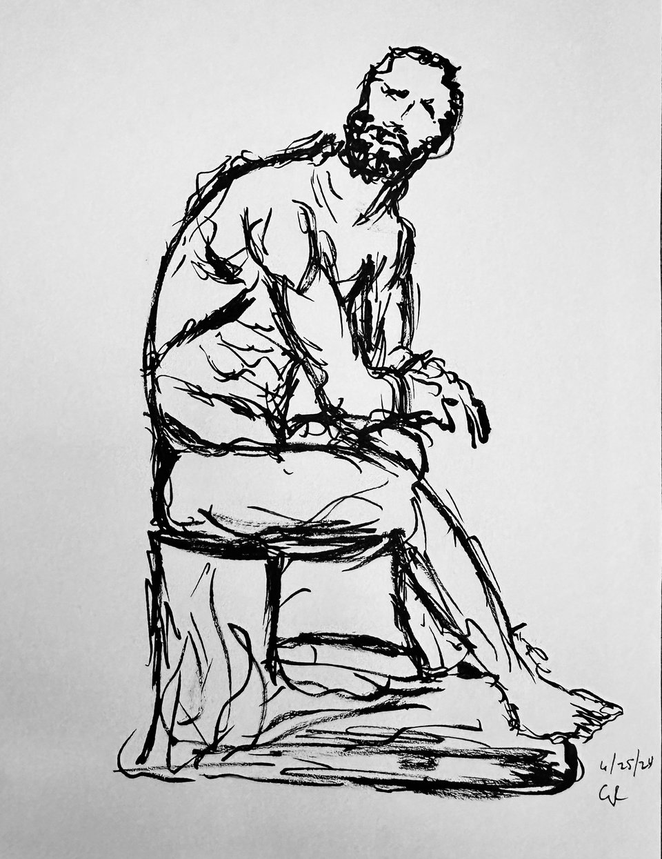 Brush-pen sketch of the Roman sculpture, The Boxer At Rest, showing a fighter seated on a stone pediment, looking up and to his right, as though being called to another match