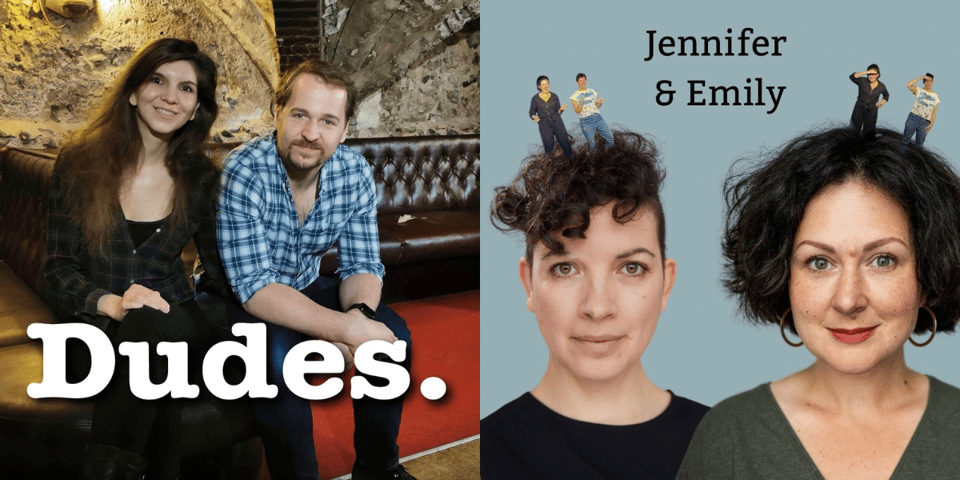 The posters for Dudes and Jennifer & Emily, side by side.
