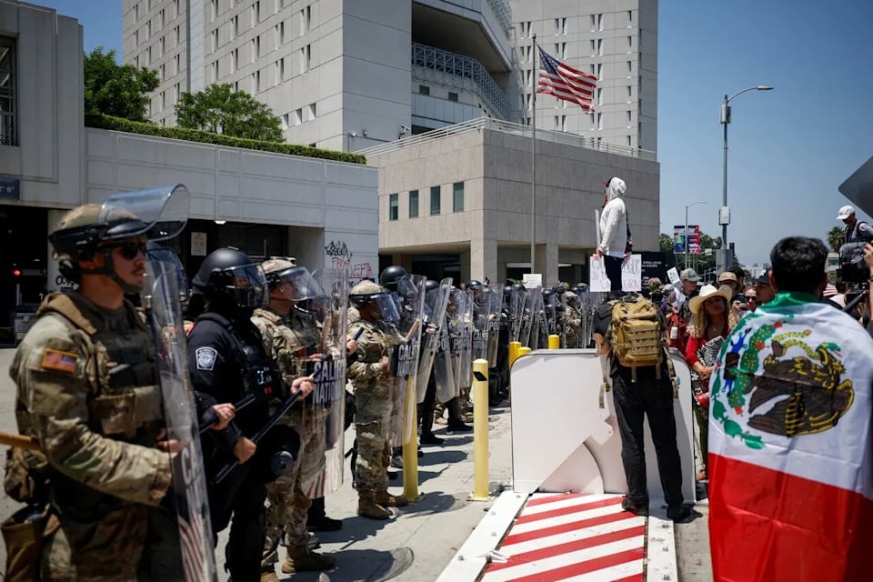 Members of the California National Guard outside the Edward R. Roybal Federal Building in Los Angeles in June