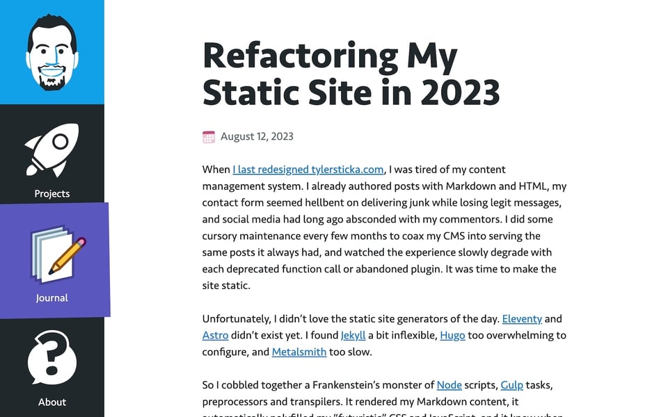A blog post called "Refactoring my static site in 2023"