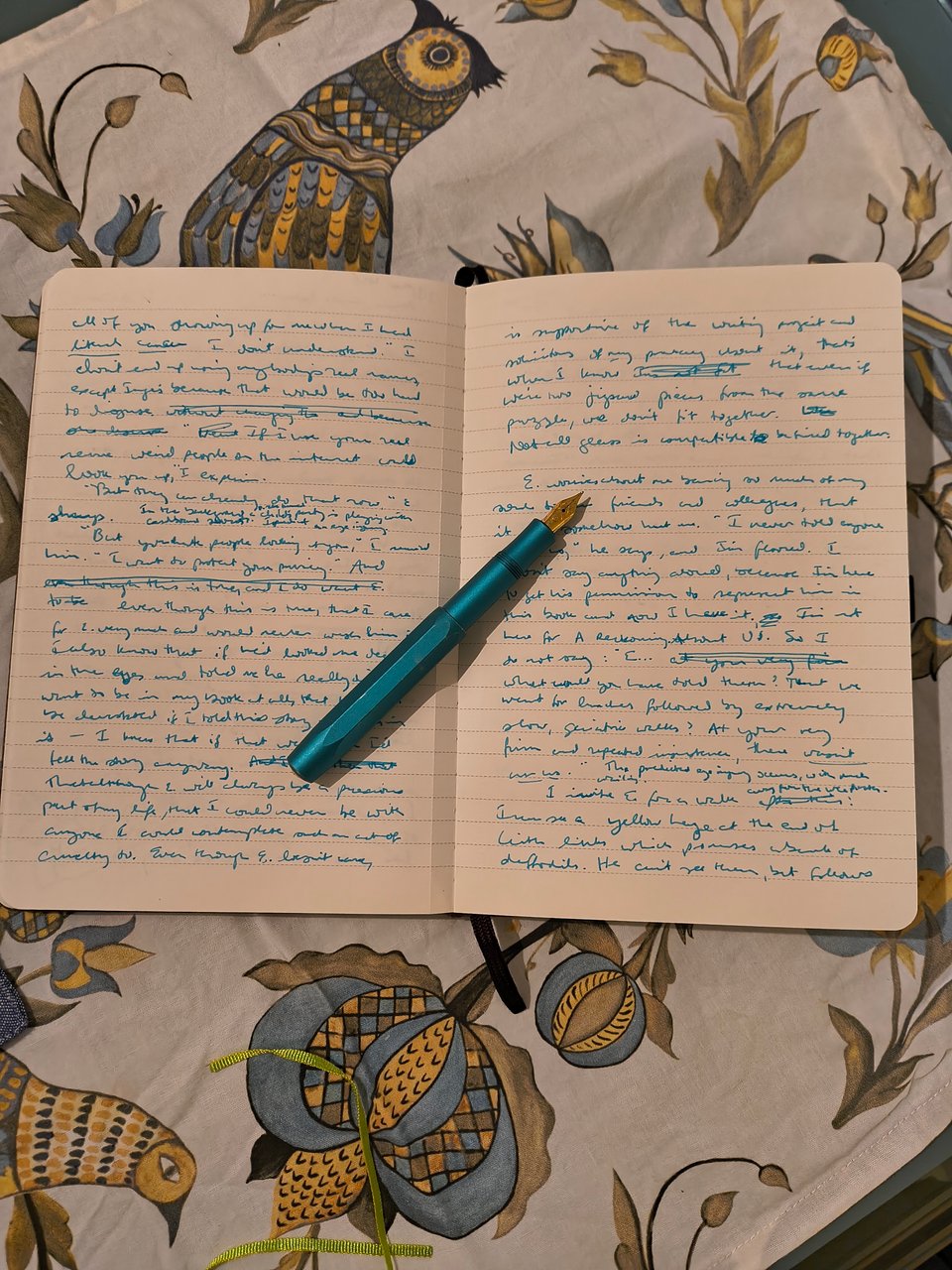A notebook open with two handwritten pages in teal ink with a teal fountain pen balanced jauntily on top.